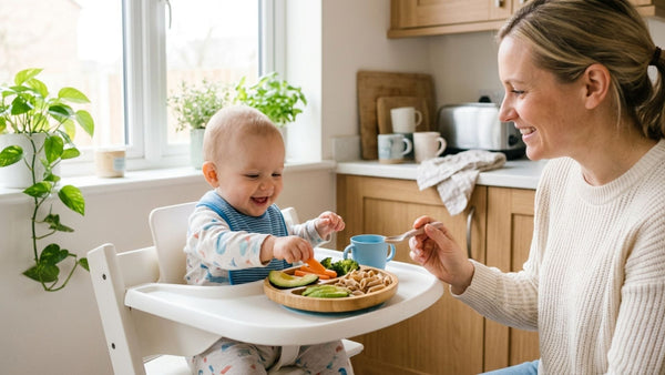 A smiling baby sits in a white highchair, reaching for a carrot stick from a bamboo plate filled with avocado, pasta, and broccoli. A mother smiles warmly as she holds a spoon nearby in a bright, modern kitchen.