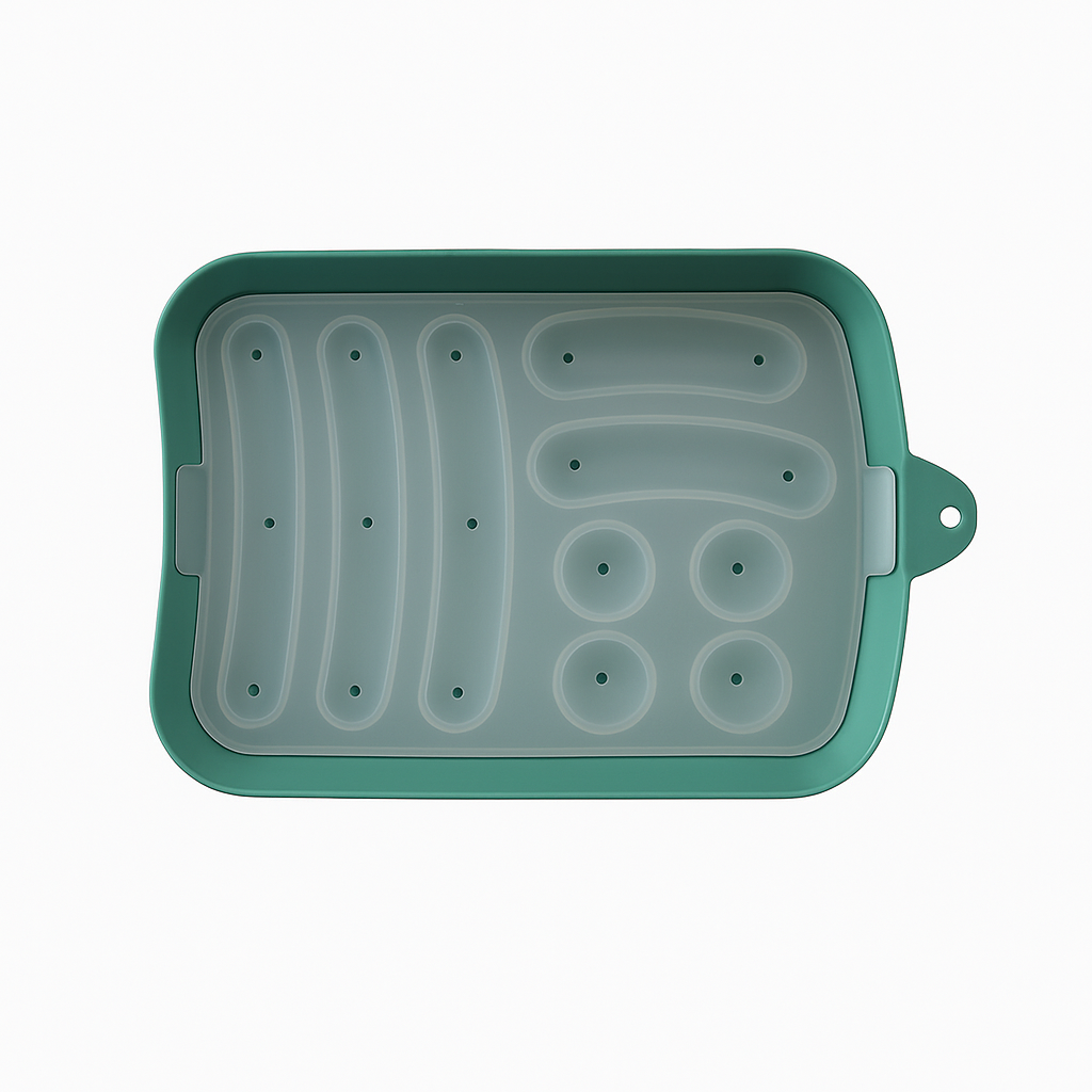 Loomie sausage steamer tray with multiple compartments for steaming sausages and preserving flavors in a kitchen setting.