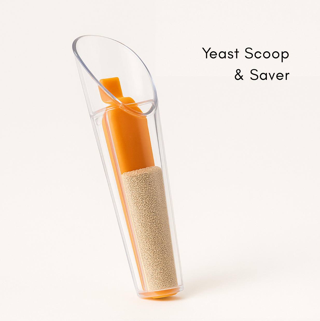 Loomie yeast scoop and saver in use, showing a small kitchen scoop tool designed for measuring and storing yeast efficiently