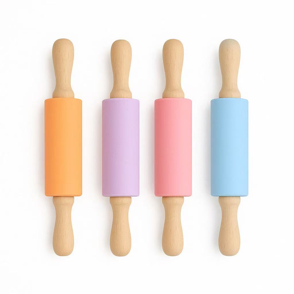 Kids rolling pin by Loomie, featuring colorful handles and a smooth wooden surface for creative baking fun.